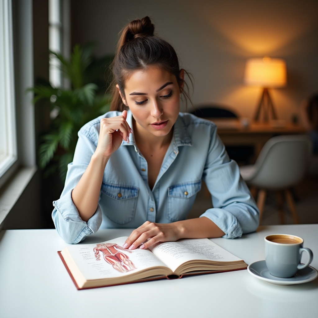 Person studying exercise science diagrams at a modern desk with notebook open