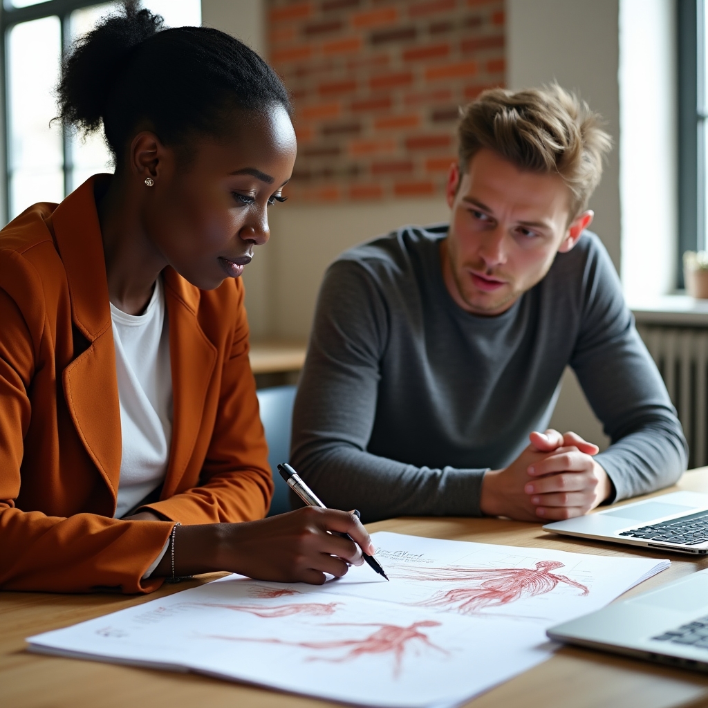 Two people discussing exercise science concepts at a desk with notes and diagrams