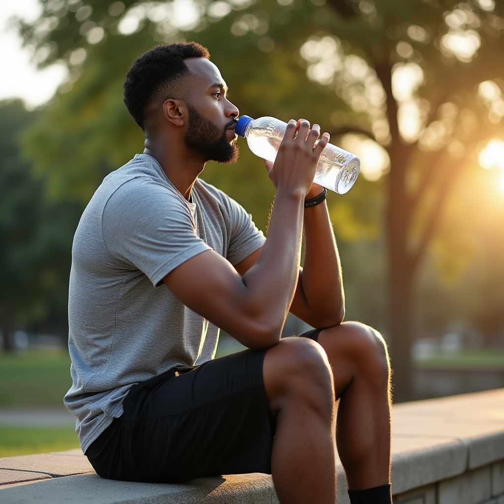 Person drinking water after an outdoor workout, looking relaxed and reflective in afternoon sun